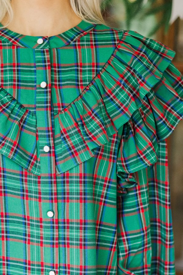 It s All Possible Green Tartan Plaid Button Down Blouse Online Sale - Image 3