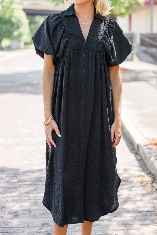 For The Fun Black Textured Midi Dress For Discount - Image 3
