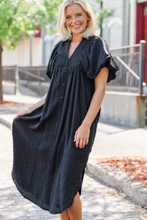 For The Fun Black Textured Midi Dress For Discount