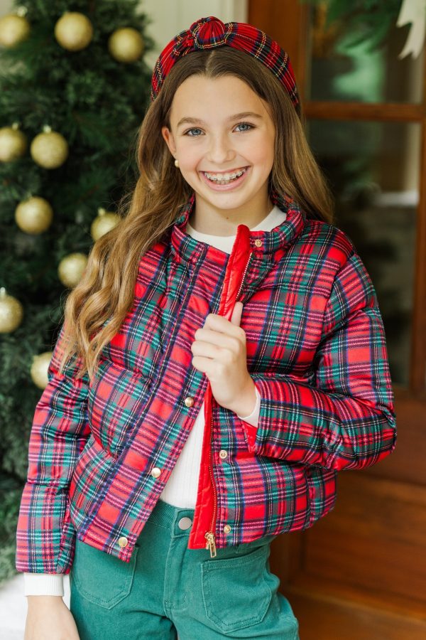 Girls: More The Merrier Red Tartan Plaid Puffer Jacket on Sale