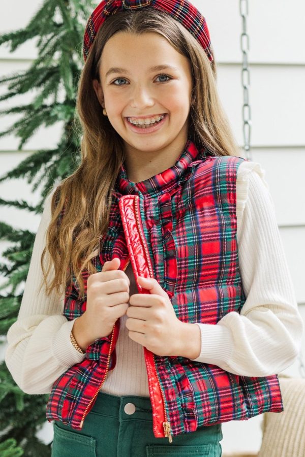 Girls: More The Merrier Red Tartan Plaid Puffer Vest Hot on Sale