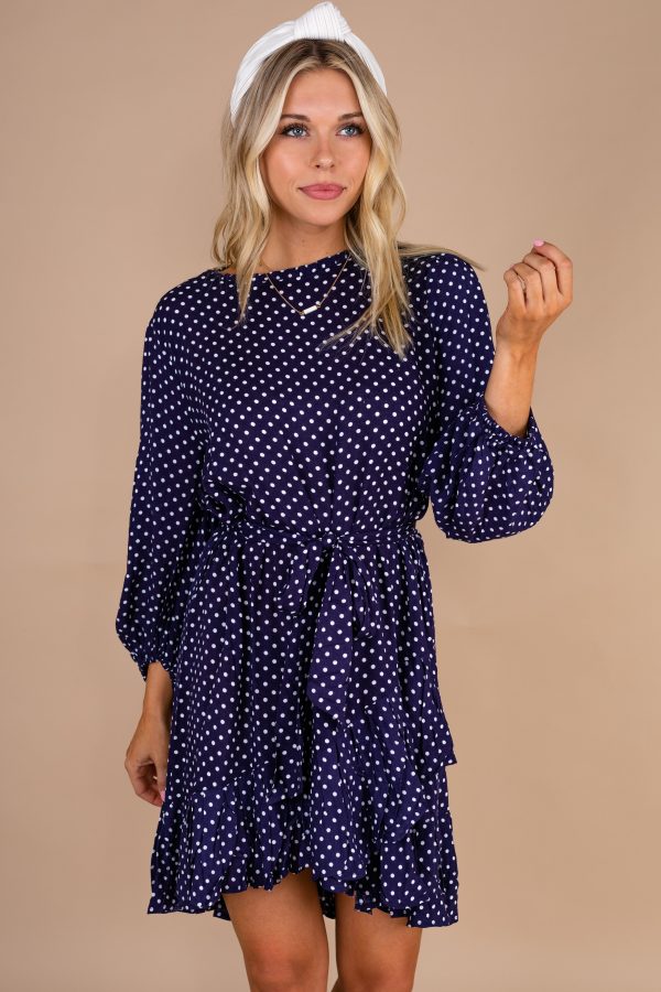 The Time Is Now Navy Blue Polka Dot Dress For Discount