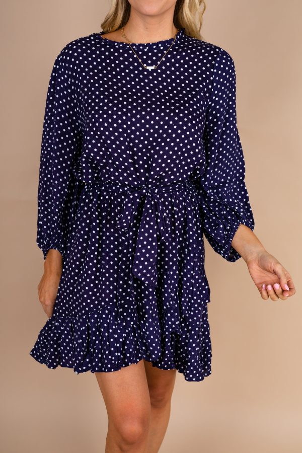 The Time Is Now Navy Blue Polka Dot Dress For Discount - Image 5