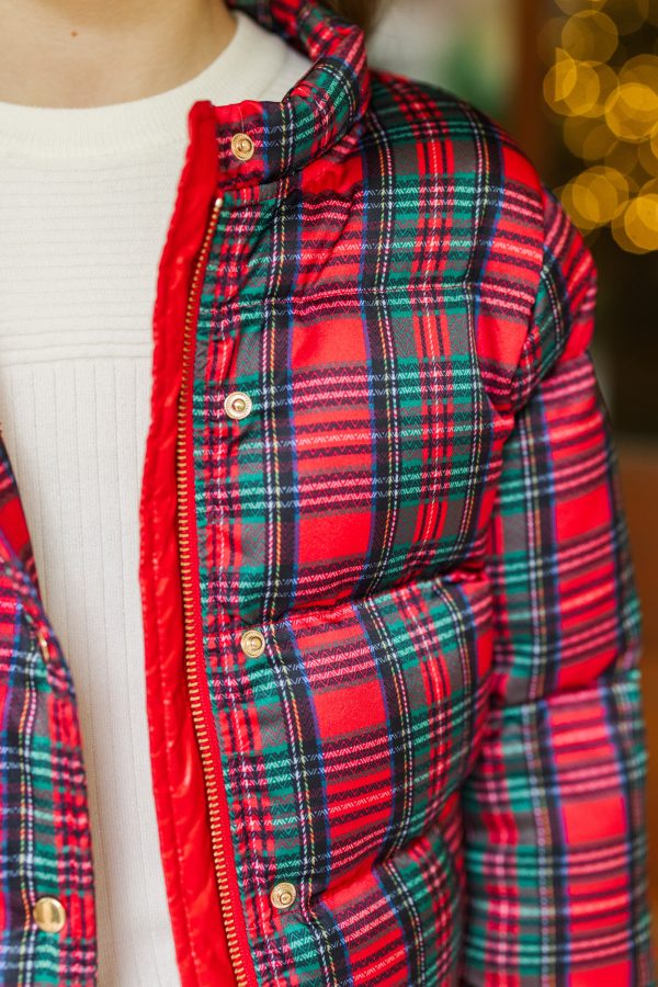 Girls: More The Merrier Red Tartan Plaid Puffer Jacket on Sale - Image 3