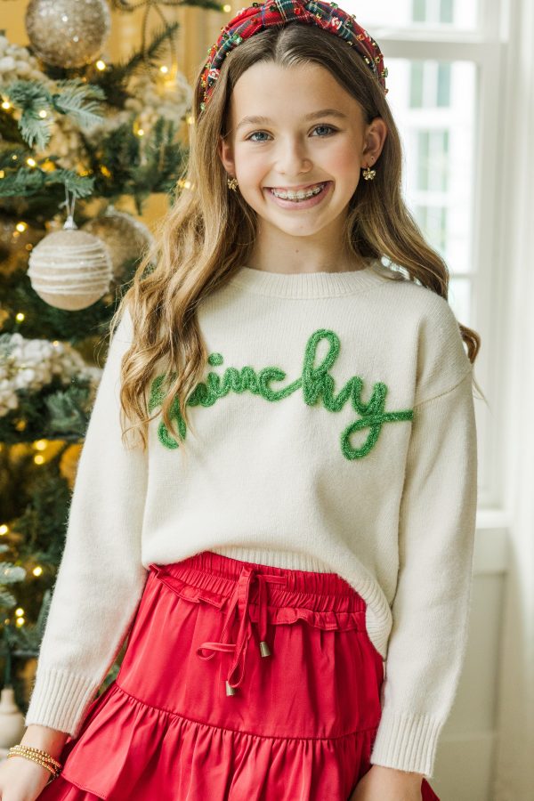 Girls: Feeling Grinchy Cream White Script Sweater For Sale