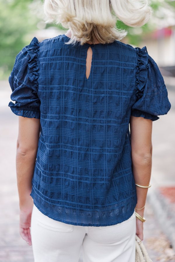 Glad To See You Navy Blue Ruffled Blouse For Cheap - Image 4