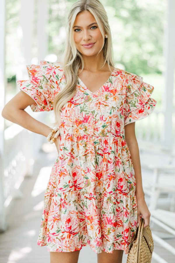 New To You Coral Pink Ditsy Floral Babydoll Dress For Sale