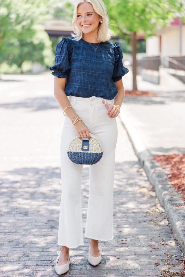 Glad To See You Navy Blue Ruffled Blouse For Cheap - Image 2