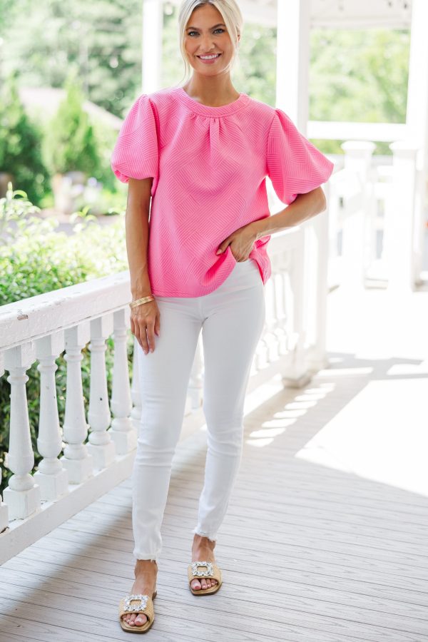 Just Imagine Pink Textured Bubble Sleeve Blouse Online - Image 2