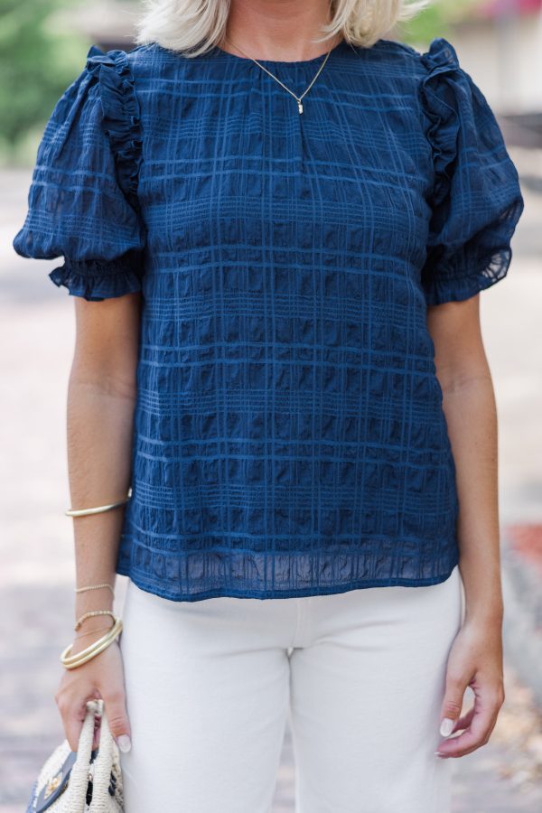 Glad To See You Navy Blue Ruffled Blouse For Cheap - Image 3