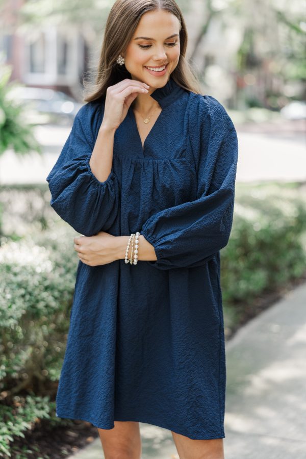 Above And Beyond Navy Blue Textured Shift Dress Sale