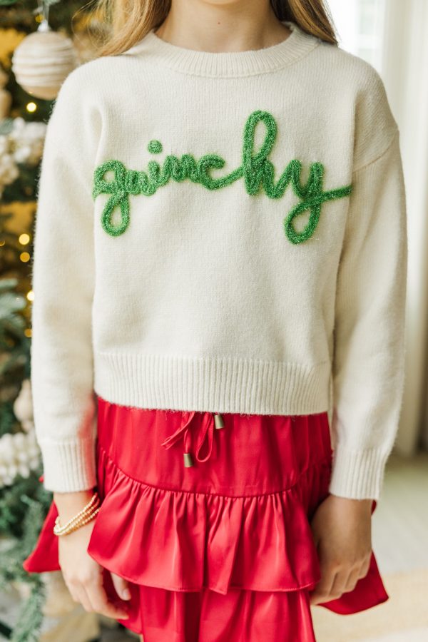 Girls: Feeling Grinchy Cream White Script Sweater For Sale - Image 4