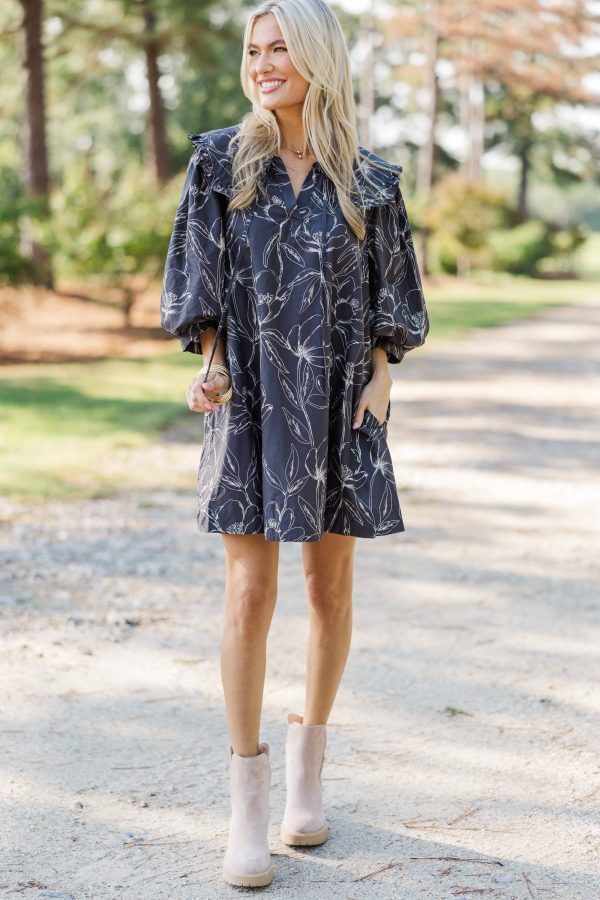 Just A Dream Charcoal Gray Floral Dress on Sale - Image 2