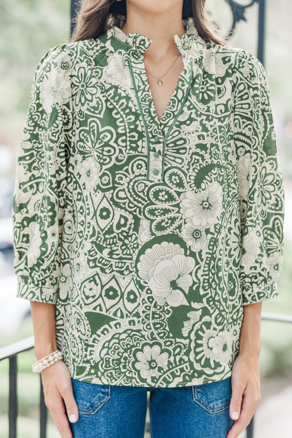 Give It Your All Olive Green Floral Blouse For Cheap - Image 5