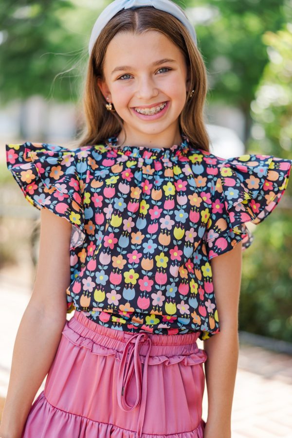 Girls: All Heart Black Tulip Floral Blouse Cheap