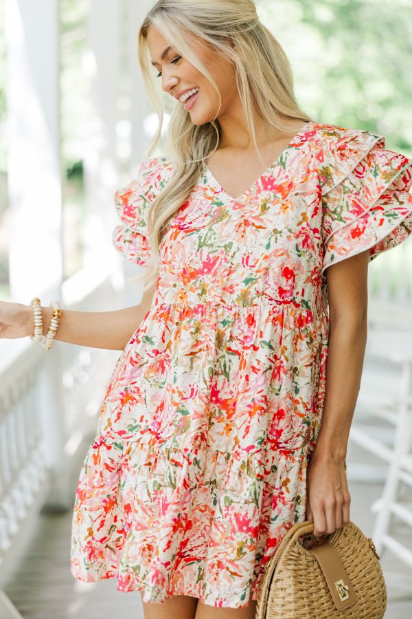 New To You Coral Pink Ditsy Floral Babydoll Dress For Sale - Image 3