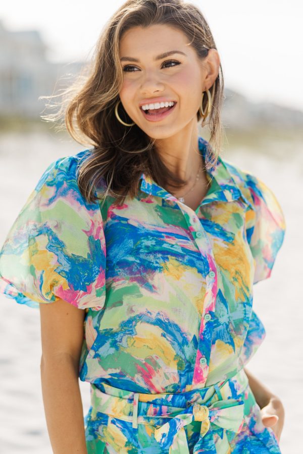 View From The Coast Green Abstract Blouse Online Sale