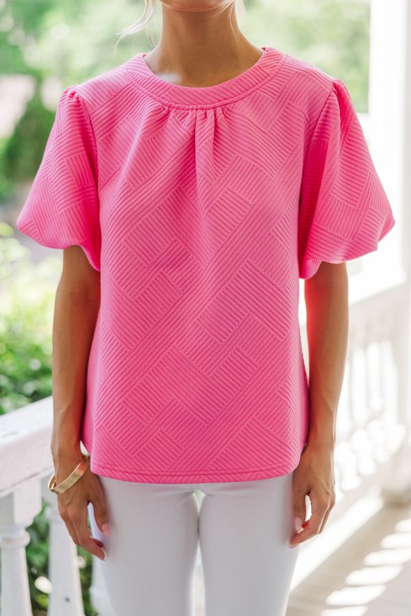 Just Imagine Pink Textured Bubble Sleeve Blouse Online - Image 3