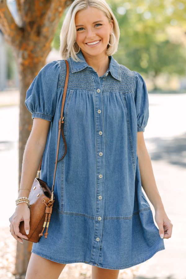 Get Together Medium Wash Denim Babydoll Dress For Discount