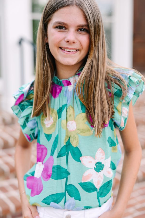 Girls: A True Beauty Sage Green Floral Blouse Online Sale