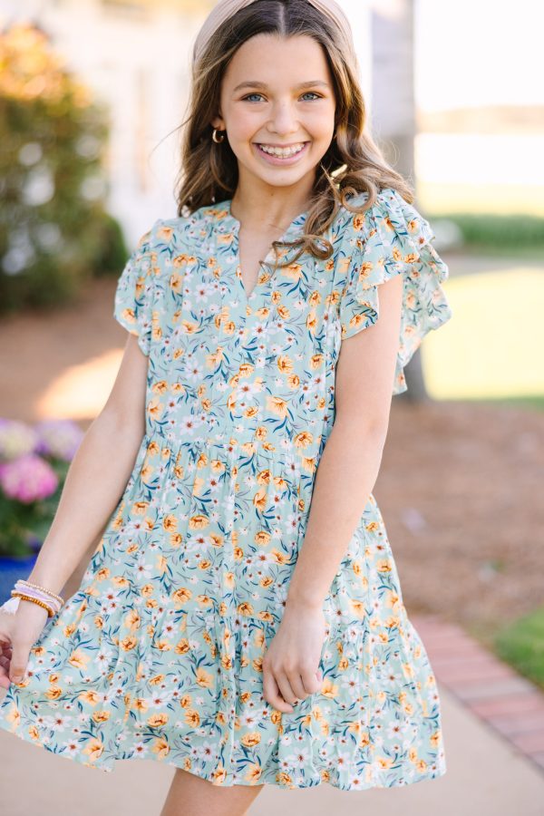 Girls: At This Time Sage Green Ditsy Floral Dress For Sale